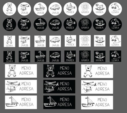 SADA Nažehlovacích jmenovek s vl. jménem (Dopravné prostriedky B&W 43ks)