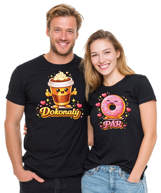 Partnerské tričká - Dokonalý PÁR - káva a donut - 2ks